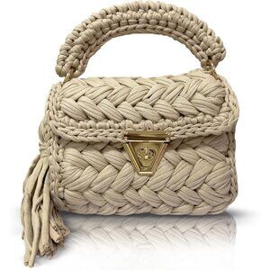 Women's Tan Handmade Crochet Evening Small Formal Flap Crossbody Clutch Bag